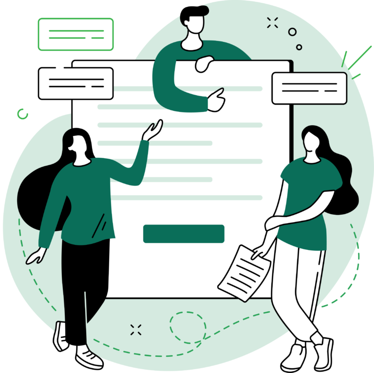 Graphic of three people surrounding a large floating form.